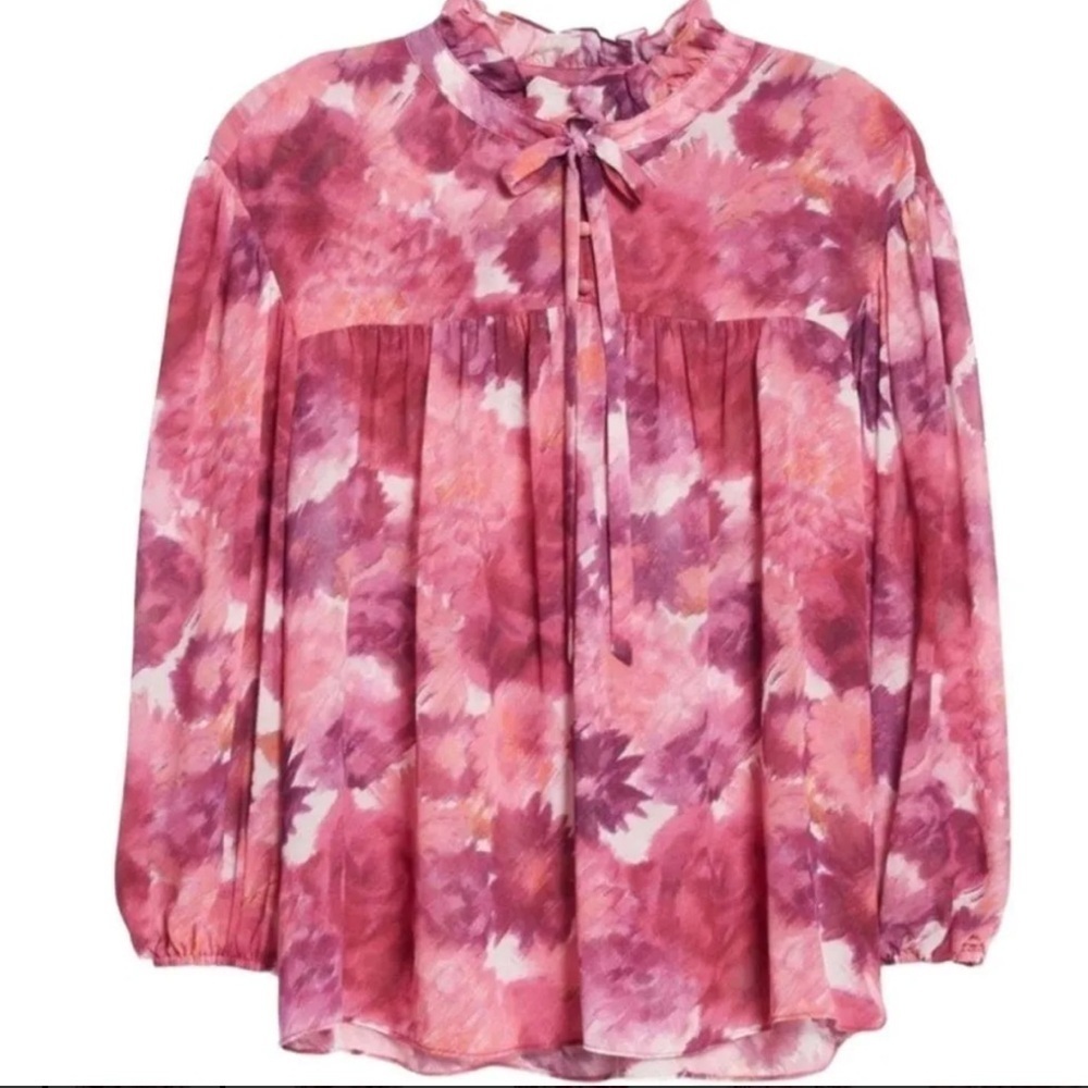 LoveShackFancy Gamela Blouse Top Tie Neck Silk Pre-dawn Sky Pink Medium - Picture 7 of 8